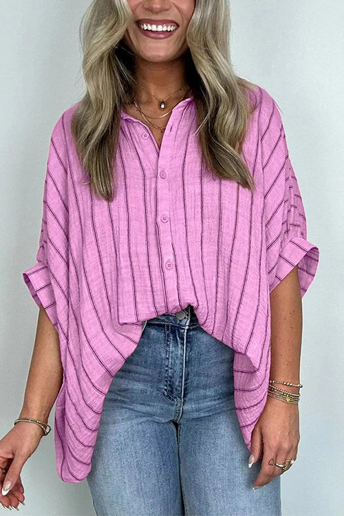 Mixiedress Oversized Button Down Batwing Sleeves Striped Shirt