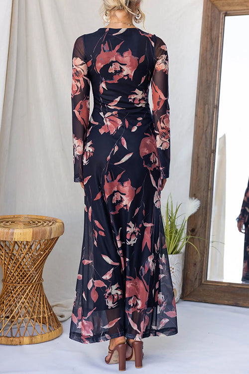 Round Neck Long Sleeves Floral Print Maxi Dress