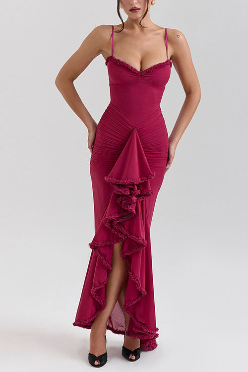 Mixiedress Spaghetti Strap Frill Trim Draped Slit Maxi Dress