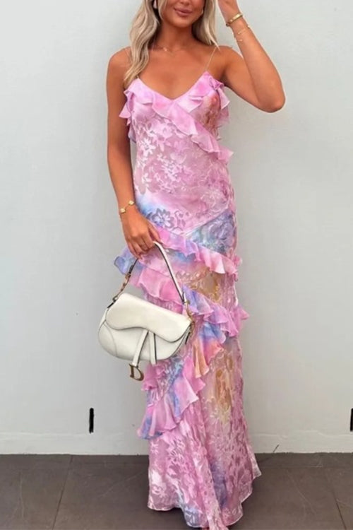 Mixiedress Spaghetti Strap Backless Ruffle Trim Printed Maxi Dress