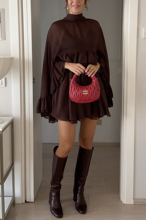 Chic High Neck Sheer Ruffle Hem Cape Mini Dress