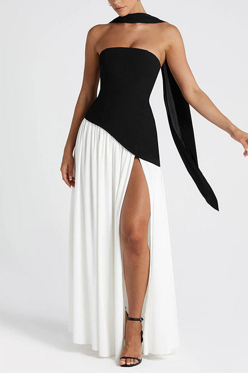 Mixiedress Strapless Back Lace-up High Slit Splice Maxi Dress