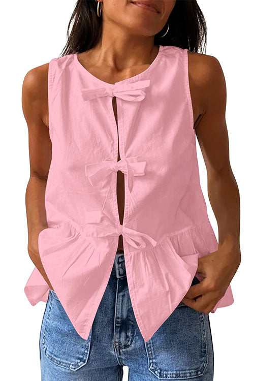 Mixiedress Bow Front Sleeveless Cotton Linen Ruffle Top(in 6 Colors)