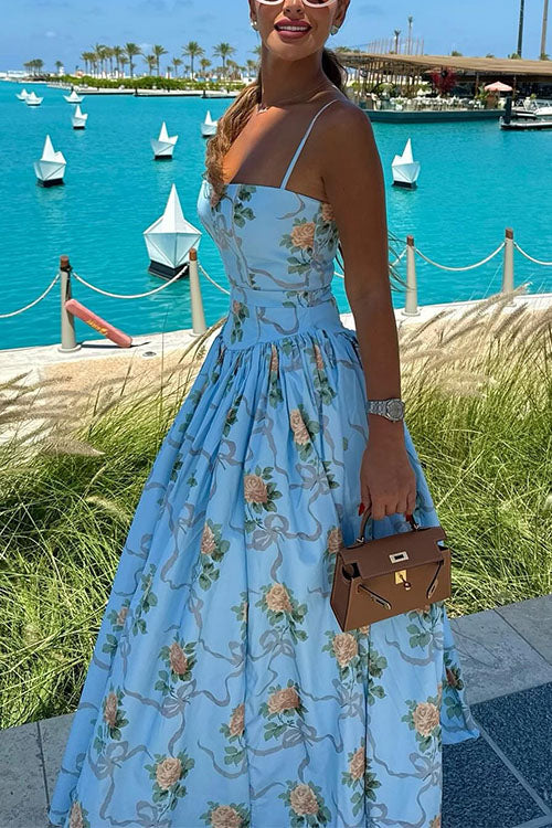 Mixiedress Spaghetti Strap Waisted Floral Print A-line Maxi Dress