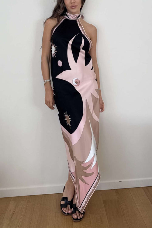 Mixiedress Halter Neck Open Back Asymmetric Hem Printed Satin Midi Dress