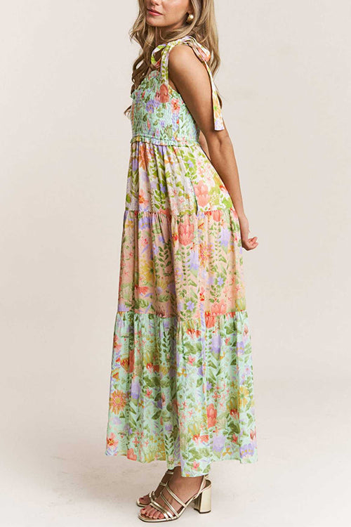 Mixiedress V Neck Bow Shoulder Tiered Floral Print Maxi Dress