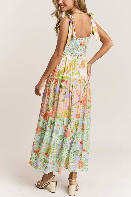 Mixiedress V Neck Bow Shoulder Tiered Floral Print Maxi Dress