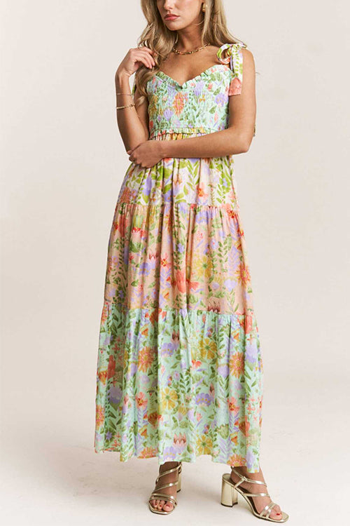 Mixiedress V Neck Bow Shoulder Tiered Floral Print Maxi Dress
