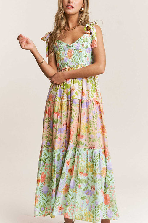 Mixiedress V Neck Bow Shoulder Tiered Floral Print Maxi Dress
