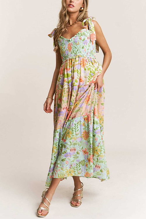 Mixiedress V Neck Bow Shoulder Tiered Floral Print Maxi Dress