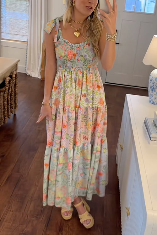 Mixiedress V Neck Bow Shoulder Tiered Floral Print Maxi Dress
