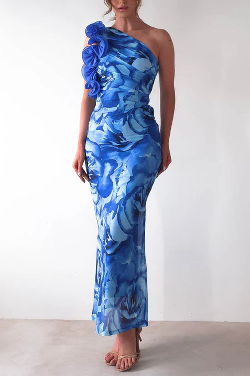 Mixiedress Ruffle One Shoulder Floral Print Bodycon Maxi Dress