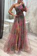 Mixiedress One Shoulder Waisted High Slit Mesh Overlay Printed Maxi Dress