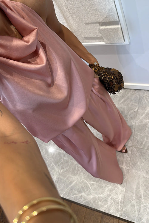 Cowl Neck Sleeveless Top and Elastic Waist Wide Leg Pants Satin Set