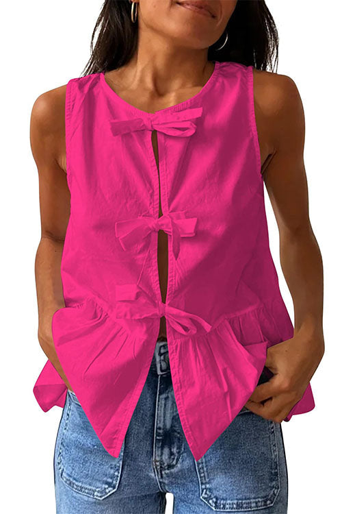 Mixiedress Bow Front Sleeveless Cotton Linen Ruffle Top(in 6 Colors)