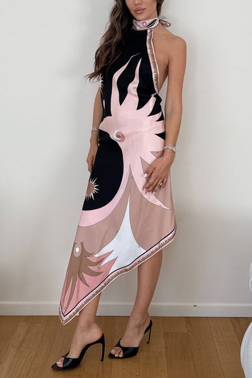 Mixiedress Halter Neck Open Back Asymmetric Hem Printed Satin Midi Dress
