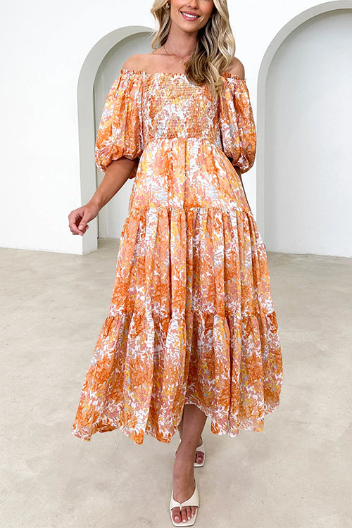 Mixiedress Off Shoulder Puff Sleeves Tiered Printed Midi Holiday Dress