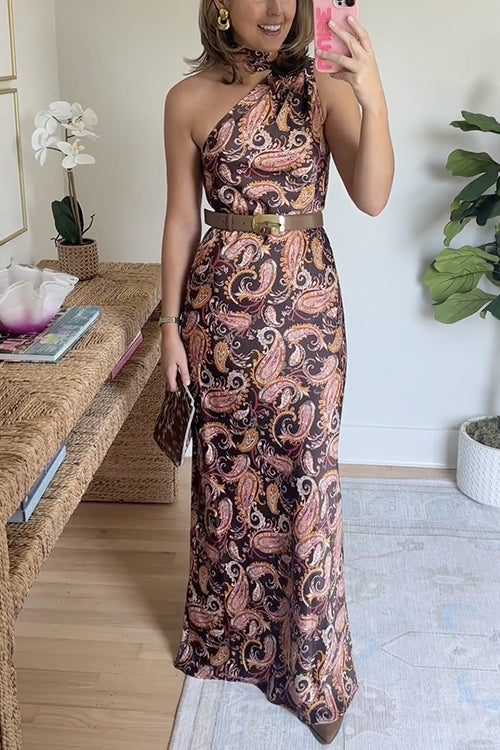 One Shoulder Sleeveless Paisley Print Maxi Dress