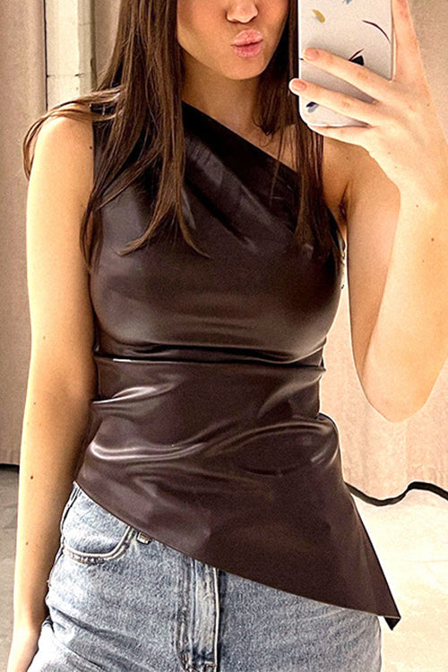 Mixiedress One Shoulder Sleeveless Asymmetric Faux Leather Top