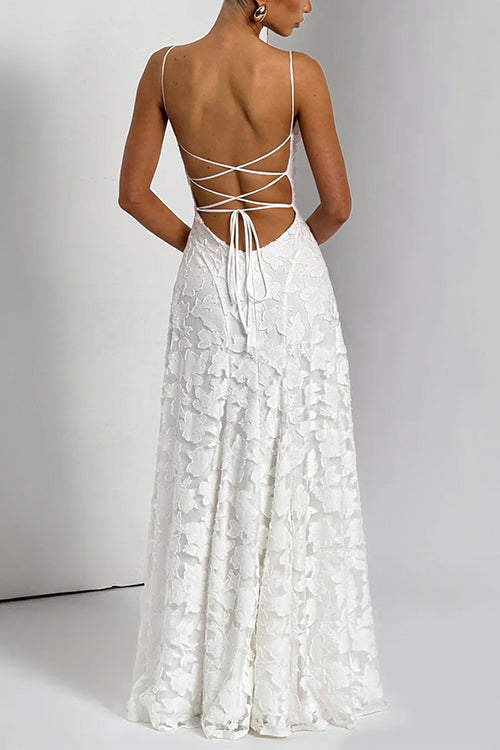 Mixiedress Spaghetti Strap Backless Lace-up Jacquard Maxi Dress