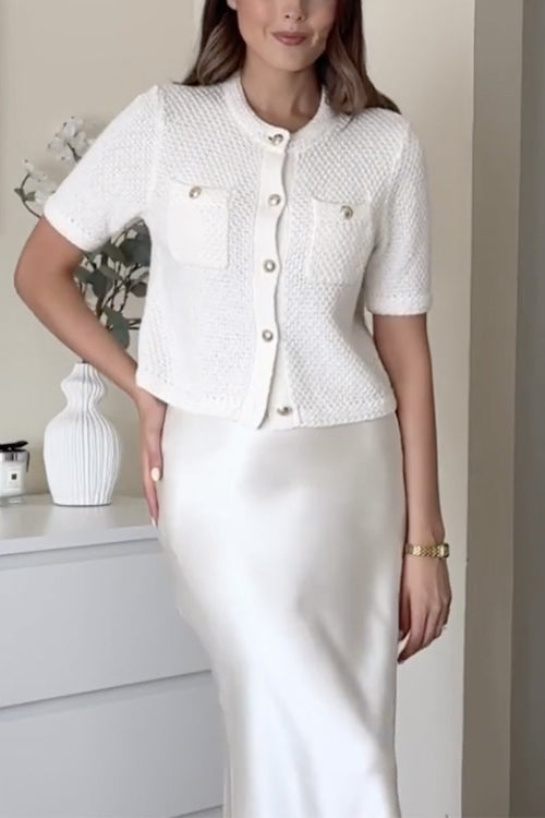 Crewneck Short Sleeves Button Up Pocketed Knit Cardigan