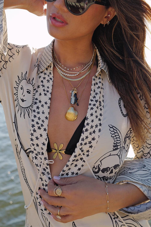 Mixiedress Collared V Neck Shirt and Side Slit Shorts Vitamin Sea Print Set