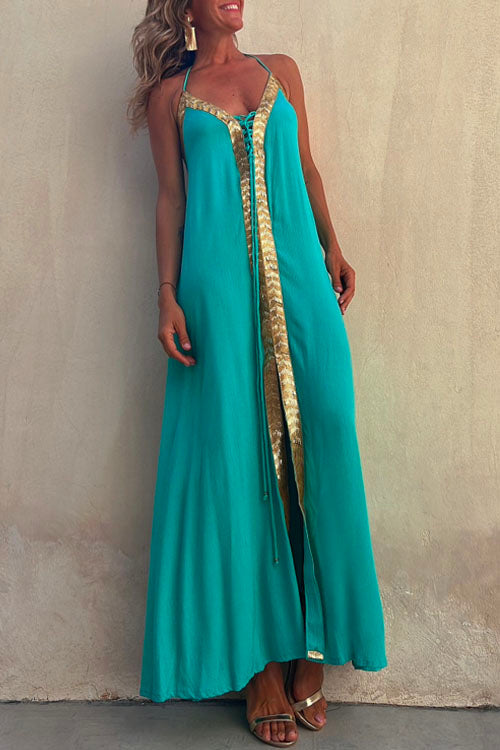 Mixiedress V Neck Backless Sequin Detailed Slit Maxi Cami Dress
