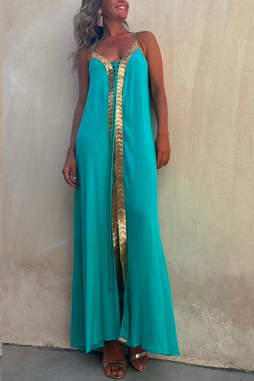 Mixiedress V Neck Backless Sequin Detailed Slit Maxi Cami Dress