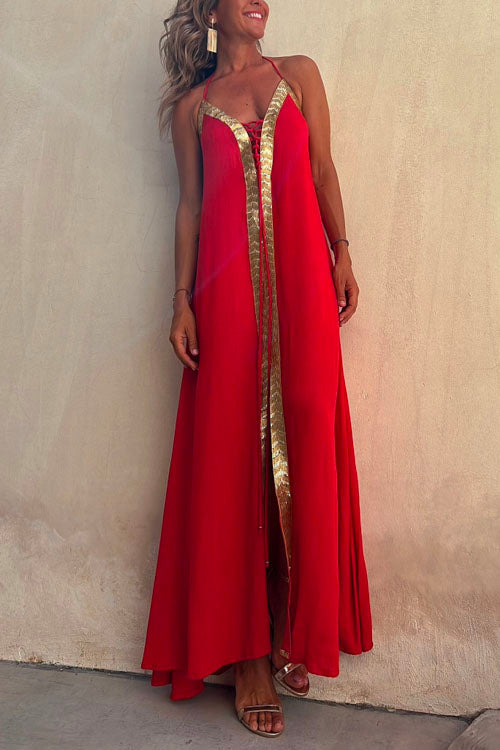 Mixiedress V Neck Backless Sequin Detailed Slit Maxi Cami Dress