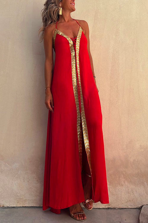 Mixiedress V Neck Backless Sequin Detailed Slit Maxi Cami Dress