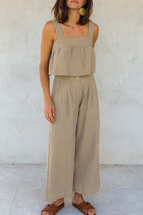 Mixiedress Square Collar Crop Tank Top Wide Leg Pants Cotton Linen Set