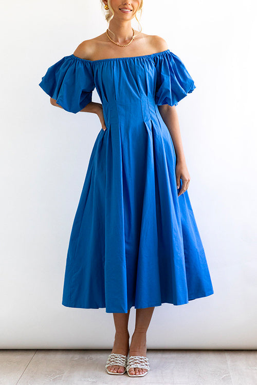 Mixiedress Off Shoulder Puff Sleeves High Waist Maxi Swing Dress