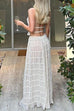 Mixiedress Ruffle Trim Halter Backless Crop Top Drawstring Waist Pleated Maxi Skirt Set