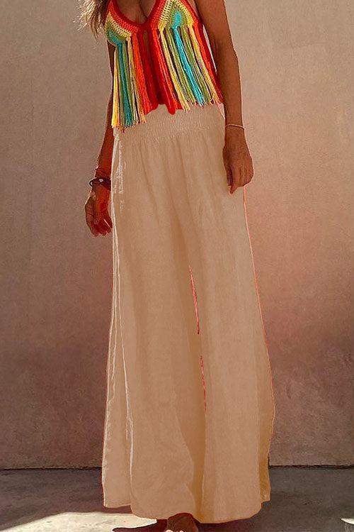 Mixiedress Smocked Elastic Waist Baggy Wide Leg Cotton Linen Pants