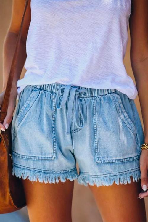 Mixiedress Solid Tie Waist Raw Hem Casual Shorts
