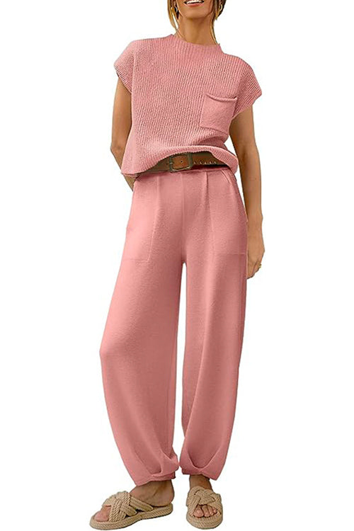 Mixiedress Short Sleeves Ribbed Knit Pullover Ruched Harem Pants Set