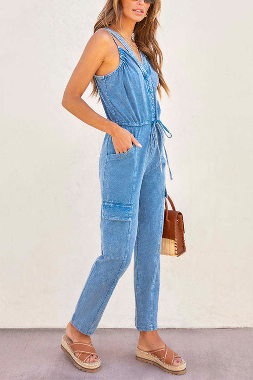 Mixiedress V Neck Drawstring Waist Sleeveless Denim Overall Jumpsuit
