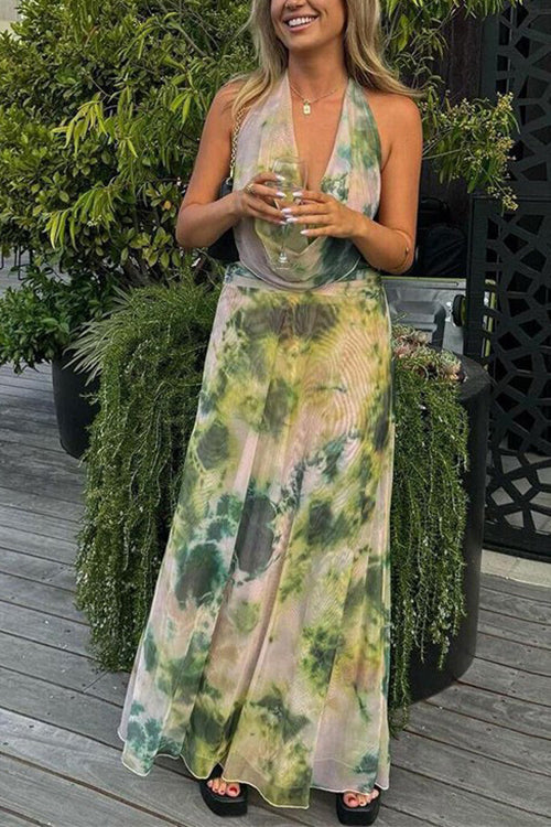 Mixiedress Deep V Neck Sleeveless Printed Flowy Maxi Dress
