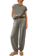 Mixiedress Short Sleeves Ribbed Knit Pullover Ruched Harem Pants Set
