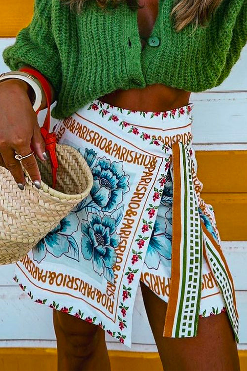 Mixiedress Unique Floral Printed Tie Waist Wrapped Mini Skirt