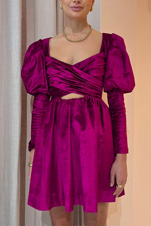 Cross Front Puff Sleeves Velvet Mini Party Dress