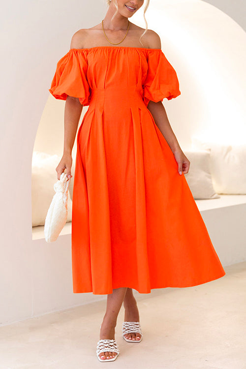 Mixiedress Off Shoulder Puff Sleeves High Waist Maxi Swing Dress