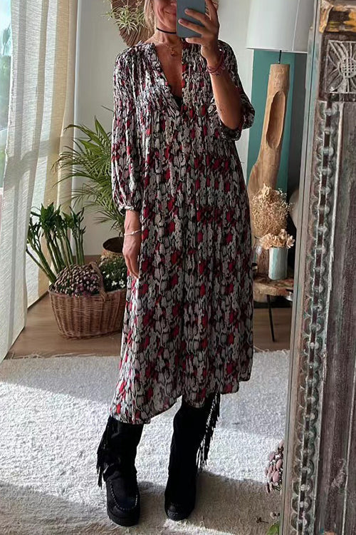 Deep V Neck Bohemia Printed Midi Flowy Dress