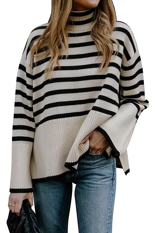 Mixiedress Turtleneck Side Split Striped Sweater