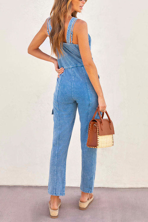 Mixiedress V Neck Drawstring Waist Sleeveless Denim Overall Jumpsuit