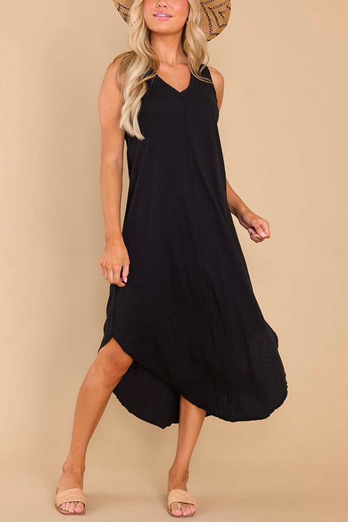Mixiedress V Neck Curve Hem Casual Comfy Tank Dress