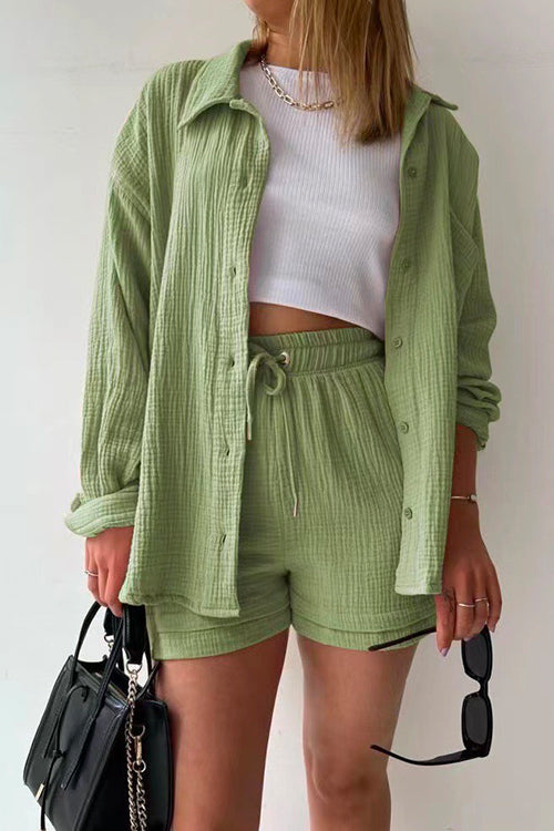 Mixiedress Drop Shoulder Long Sleeves Blouse Shirt Drawstring Waist Shorts Set