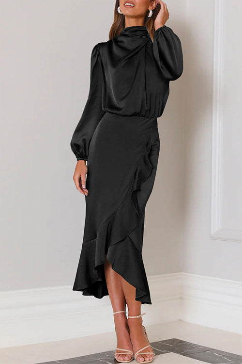 Mixiedress Mockneck Long Sleeves Waisted Ruffle Mermaid Satin Dress