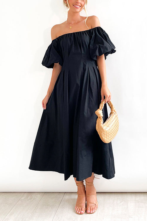 Mixiedress Off Shoulder Puff Sleeves High Waist Maxi Swing Dress