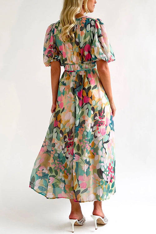 Mixiedress V Neck Frilled Waist Floral Printed Maxi Swing Dress